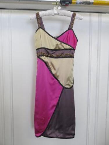 Countess of Frog Designer Ladies Gold/Pink/Purple Panelled Dress with Chain Detail to Waist & Straps. Size S.