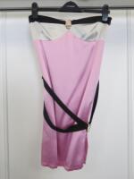 Countess of Frog Designer Ladies Ivory/Pink Black Strapless Dress with Tie Waist & Gold Buckle detail. Size S.