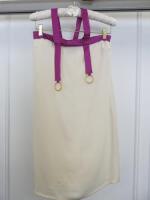 Countess of Frog Designer Ladies Ivory/Purple Strapless Dress with Halter neck Strap & Gold Buckles. Size S.