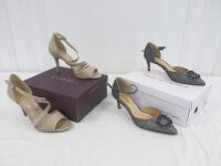 2 Pairs of Ladies Designer High Heeled Shoes in Boxes to Include: Pair of Roland Cartier 381 Daviina Silver Fabric Pearl Trim Open Court Shoe & Pair of Carvela Gold Glitter Occasion Strappy Heel. Both Size Eu39 UK6