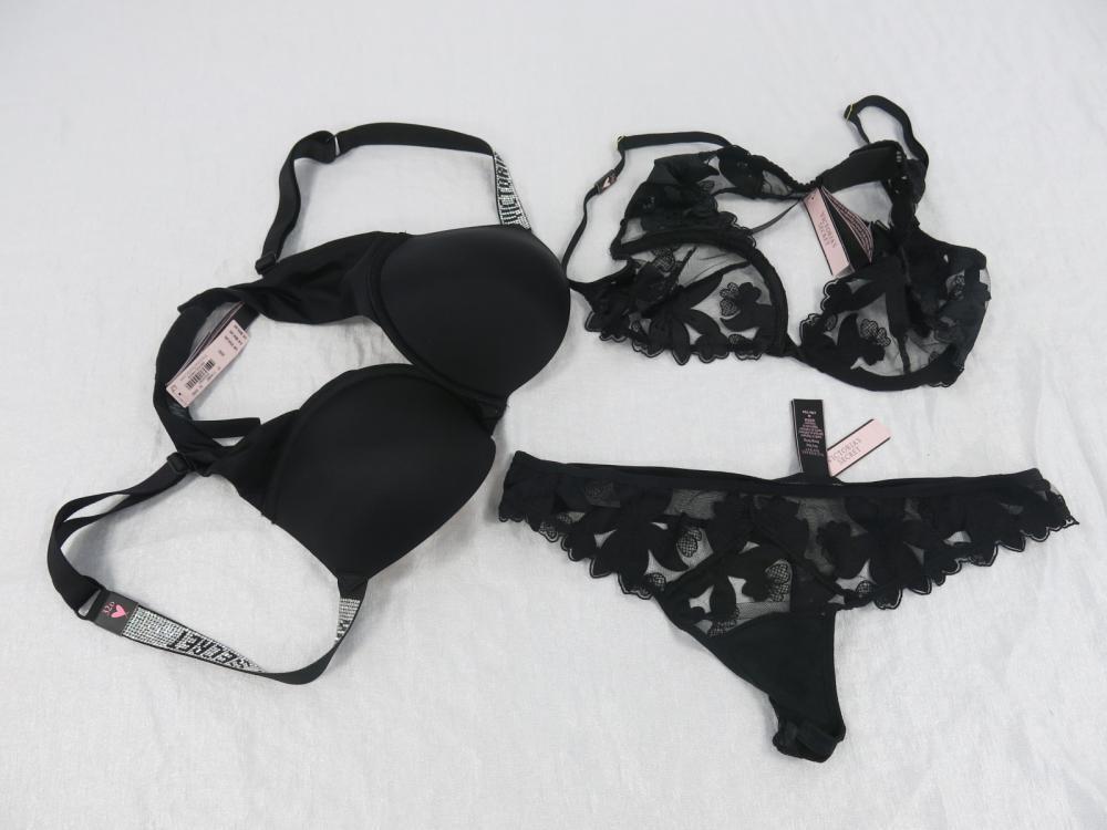 Victoria's Secret Black Underwear Set, Bra Size 34B, Thong Size M & Padded  Bra with Glitter