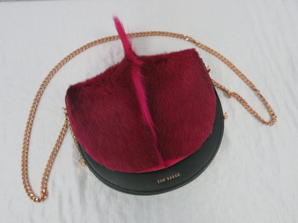 Ted Baker Black Saddle Cross Body Bag Wth Pink Mohican Style Fur Detail &  Rose Gold Chain Strap.