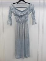 Black Sapote Mayfair Ladies Silver/Blue Lurex Ruched Waist Bardot Midi Dress. Size S. RRP £365.