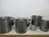 8 x Assorted Sized Stock & Sauce Pans to Include: 6 x Stock Pots & 2 Saucepans & 1 x Lid.