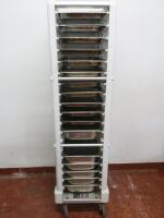 Rubbermaid Polypropylene 18 Slot Trolley with 17 Metal Gastronorm 1/1 Trays to Include: 6 x 100mm (D) & 11 x 40mm (D).
