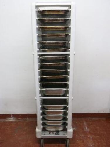 Rubbermaid Polypropylene 18 Slot Trolley with 17 Metal Gastronorm 1/1 Trays to Include: 6 x 100mm (D) & 11 x 40mm (D). 