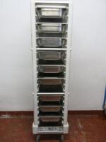 Rubbermaid Polypropylene 18 Slot Trolley with 9 Metal Gastronorm 1/1 Trays & Lids to Include: 9 x 100mm (D). 