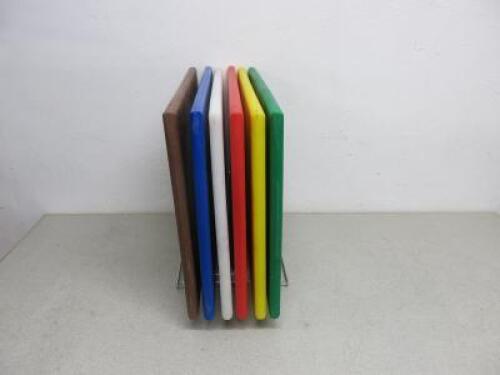 Set of 6 Coloured High Density Chopping Boards with Metal Rack, Size 60 x 45cm.