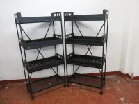 Pair of Black Metal Framed Displays On Castors with 6 Wooden Crates. Size H155 x W74 x D37cm.