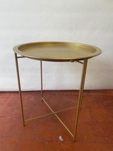 Gold Effect, Round Tray on Fold Out Trestle. Size H50cm x Dia 47cm.
