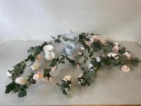 3 x Pink Rose Faux Garlands (160cm), Bird Cage Style Hanging Plant Pot & Oil Burner.