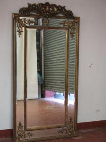 19th Century Style Reproduction Antique Crested & Carved Bevel Edged Mirror with Cushion Margin, Size H185cm x W92cm.