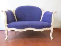 2 Seater White Painted Wooden Curved Back Sofa, Upholstered in Blue Fabric. Size H93cm x W126cm x D70cm. NOTE: condition as viewed/pictured.