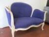 2 Seater White Painted Wooden Curved Back Sofa, Upholstered in Blue Fabric. Size H93cm x W126cm x D70cm. NOTE: condition as viewed/pictured. - 2