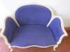 2 Seater White Painted Wooden Curved Back Sofa, Upholstered in Blue Fabric. Size H93cm x W126cm x D70cm. NOTE: condition as viewed/pictured. - 3