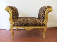 Baroque Louis XV Style Painted Gold Wood Bench with Leopard Print Fabric, Size H70cm x W93cm x D53cm.
