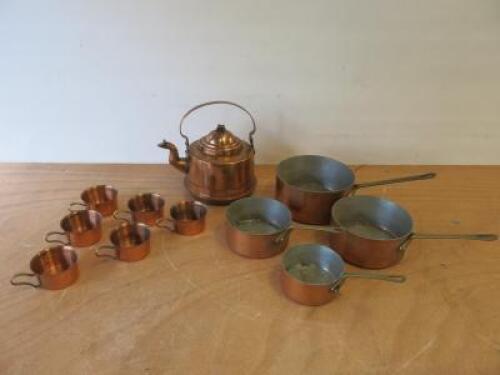 Copper Kettle & Teacup Set with 4 x Copper Juis Pans.