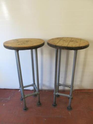 2 x Wooden Topped Rustic High Table with Scaffold Design Base. H110 x D57cm.