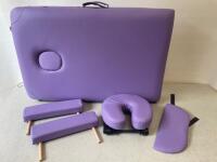 Fold Out Massage Table on Wooden Frame with Faux Purple Leather Top in Carry Case.