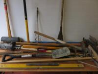 Assortment of 22 Road Contractor Tools to Include: 4 x Rakes, 1 x Post Hole Digger, 1 x Squeegee, 1 x Smoother, 2 x Forks, 2 x Spades, 1 x Pick Axe, 2 x Pick & Mattock, 1 x Sledge Hammer, 1 x Paving Maul, 2 x Metal Scrapers, 1 x Jack Hammer Drill, 1 x Man