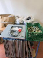 Lot Consisting of Anti Static Flooring, to Include: 20 x Floor Panels (60cm x 60cm), Crate of Adjustable Feet/Mounts, Assortment of Floor Mount Accessories for Plugs/Cables & Access & 9 x Rolls of Self Adhesive Gapping Tape (As Viewed).