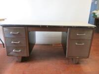 All Steel Equipment Inc, American Made Metal Desk with Vinyl Top on 2 Pedestals with Centre Draw. Size H74 x W150 x D76cm.