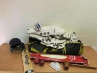 Selection of Cricket Kit to Include: 2 Pairs of Leg Pads, Pair of Gloves, Stumps, Hammer, Box, Bat, Ball & Cap in Carry Bag.