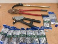 Lot of Assorted Fence Tooling to Include: Strainrite, Bolt Croppers, Gripple, 8 x Bags of Rutland Electric Fence Wire Joiner & Tensioners, & 1 x Bag of Gripple Twisters.