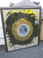 Large Contemporary Artwork on Glass, with Abstract Pattern and Centre Mirror in Frame, Unsigned. Size 134 x 120cm.