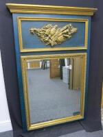 19th Century French Overmantel Gilt & Gesso Mirror with Musical Themed Emblem Over on Blue Background. Size 114 x 172cm.