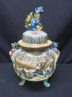 Japanese Koro, 20th Century Ceramic with Lid, Decorated with Japanese Gardens, Figures & Dragons Total Height 38cm.