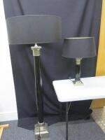 Heavy Pewter & Black Enamelled Column Floor Standing Lamp with Black Shade (162cm) and Matching Table Lamp (65cm High).