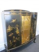 Early 20th Century, 1930's Bowfronted Display Cabinet, Black Lacquer and Gilt Chinoiserie, Decorated with Bevelled Glazed Door with Key) & Two Cupboard Doors. Size H131cm x W126cm x D35cm.