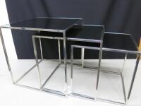 Nest of 3 Side Tables, Chrome Frame, Smoked Glass Top. Size H50cm x W50cm x D50cm.