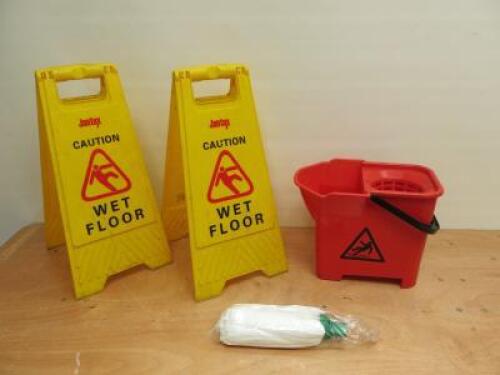 Quantity of Janitorial Supplies to Include: 2 x Jantex Wet Floor Signs, 1 x Bucket & 1 x Mop Head.