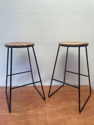2 x Wooden Seat Bar Stools with Metal Legs. H70cm.