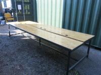 Over Sized Bespoke Metal Framed Wooden Topped Refrectory Table with Metal Tubular Legs to Include: 2 x Metal Frames & 2 x Wooden Table Tops with Holes For Lighting. Size H75cm x W350cm x D120cm. NOTE: table top requires adjustment (As Viewed/Pictured).