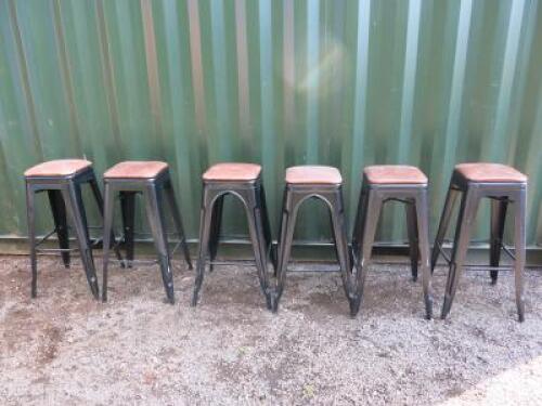 6 x Black Metal Pressed Stacking Stool with Brown Faux Leather Padded Seat. Size H78cm x W30cm x D30cm.