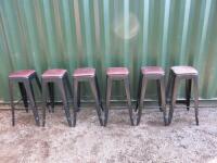 6 x Black Metal Pressed Stacking Stool with Brown Faux Leather Padded Seat. Size H78cm x W30cm x D30cm.