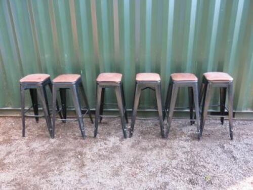 6 x Black Metal Pressed Stacking Stool with Brown Faux Leather Padded Seat. Size H78cm x W30cm x D30cm.