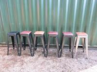 6 x Metal Pressed Stacking Stool with Brown Faux Leather Padded Seat to Include 5 x Black & 1 x Silver, Size H78cm x W30cm x D30cm. NOTE: missing 1 x padded seat.