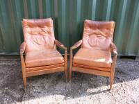 Pair of Wooden Button Back Armchairs Upholstered in Soft Brown Leather with Padded Arm Rests. Size H90cm x W55cm x D60cm.