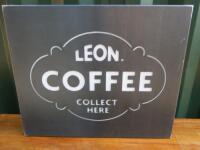 "Leon Coffee Collect Here" Illuminated Sign in Metal Box Frame, Size H50cm x W60cm x D9cm. NOTE: sign is untested.