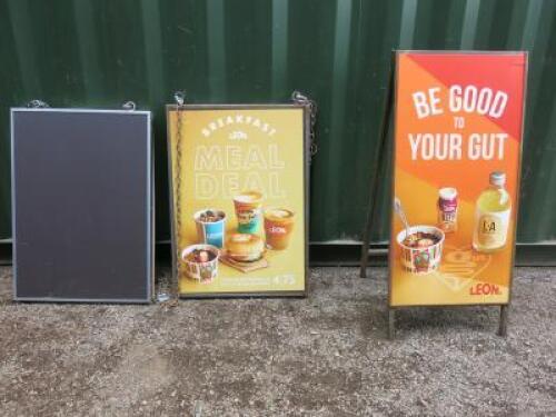 3 x Advertising Point Of Sale Signs to Include: 1 x Box Metal 2 Sided A Frame & 2 x Box Metal Illuminated Light Boxes with Chains, Size H 90cm x W64cm x 7cm. NOTE: signs untested.