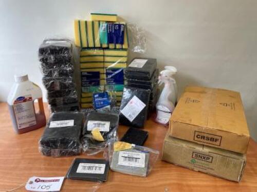Assortment of Cleaning Equipment to Include: 2 x Boxes of Clear/Black Plastic Bags, 8 x Galvanised Scourers, 12 x Packs of Assorted Scourer Pads, 3 x Packs of Caterers Sponge Scourers & 4 x Part Bottles Cleaning Products.