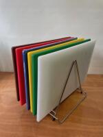 Set of 6 x Hygiplas Chopping Boards on Steel Rack. Size 45 x 30cm.