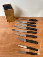 Set of 8 Commercial Kitchen Knives with Sharpening Steel & Wood Block.