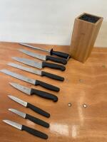 Set of 8 Commercial Kitchen Knives with Sharpening Steel & Wood Block.