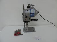 K M Mack Straight Blade Cloth Cutting Machine, Model KS-AU, S/N 183625, 240v. Comes with Chain Mail Glove.