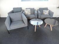 4 x Grey Fabric Reception Chairs on Metal Legs. Comes with 2 x Coffee Tables & 2 x Scatter Cushions.